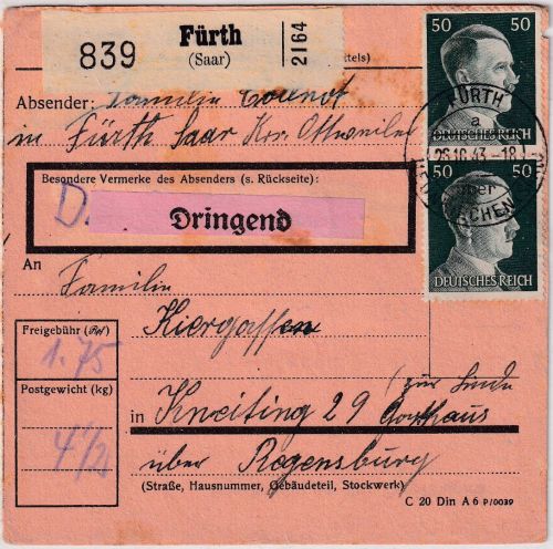 DR - Fürth ü. Neunkirchen Poststelle I Dringend-Paketkarte n. Kneiting 1943
