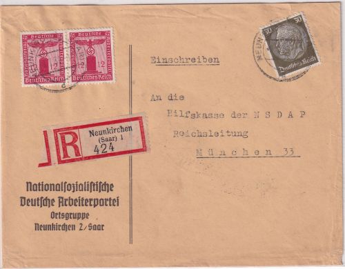 DR - Neunkirchen 1939 Einschreibebrief/Mischfrankatur Dienst/Freimarken