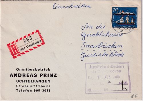 BRD - 70 Pfg. IVA München Einschreibebrief Uchtelfangen - Saarbrücken 1965