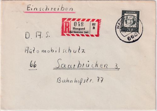 BRD - Hangard ü. Neunkirchen Poststelle I Einschreibebrief n. Saarbrücken 1964