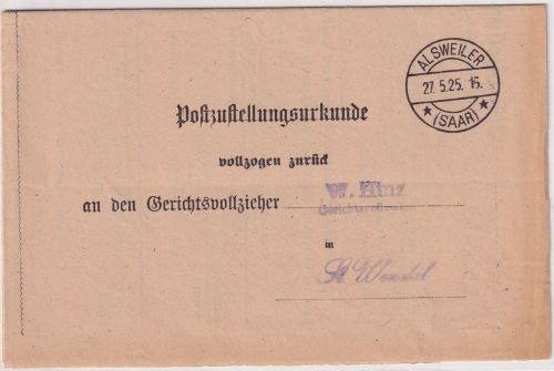 DR - Alsweiler (Saar) 1925 Postzustellurkunde n. St. Wendel
