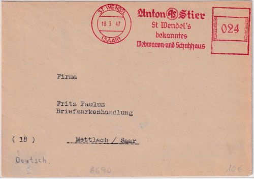 Saar - St. Wendel 24 Pfg. apt. AFS "Anton Stier" Brief n. Mettlach 1947