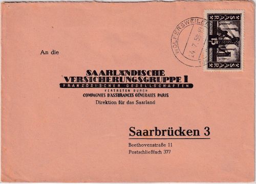 Saar - Wolfersweiler ü. Türkismühle apt. Poststelle I Brief n. Saarbrücken 1953