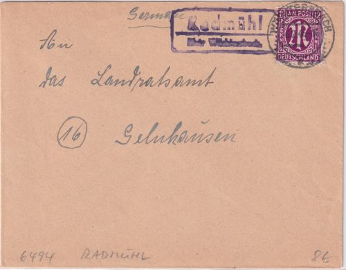 AM-Post - Radmühl ü. Wächtersbach Landpost-Ra2 Brief n. Gelnhausen 6.2.46