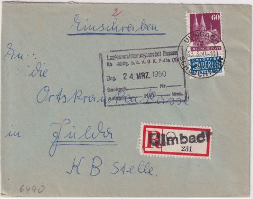 Bizone - Ulmbach ü. Schlüchtern Poststelle I Einschreibebrief n. Jülich 1950