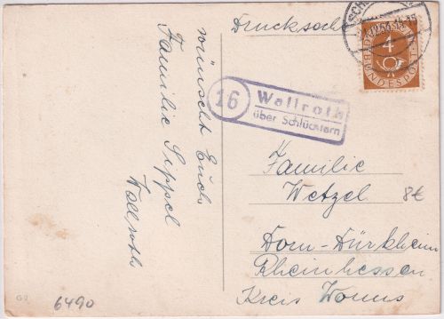 BRD - (16) Wallroth ü. Schlüchtern Landpost-Ra2 Drucksache n. Dürkheim 1953