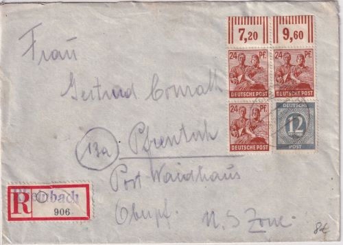 All.Bes. - 3x24+12 Pfg. Arbeiter/Ziffer Einschreibebrief Rheinbach 1947
