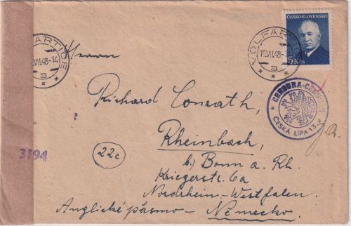 CSSR - 5 Kc. Benesch Zensurbrief Volfartice (Wolfersdorf) - Rheinbach 1948