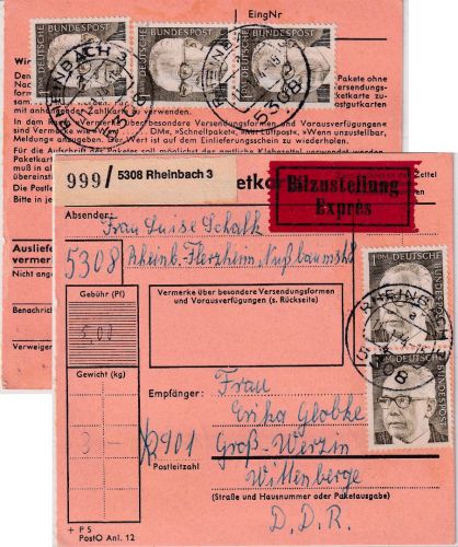 BRD - 5x1 DM Heinemann Eilboten-Paketkarte Rheinbach 3 - Groß Werzin 1974