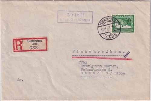 DR - Arloff ü. Euskirchen Landpost-Ra2 Einschreibebrief n. Detmold 1938