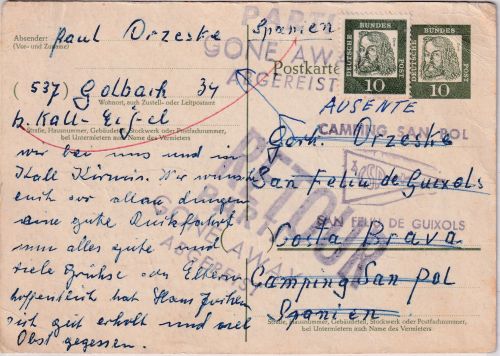 BRD - 10 Pfg. Bed. Deutsche Ganzsache+Zusatz n. SPANIEN Goldbach 1962 Retour