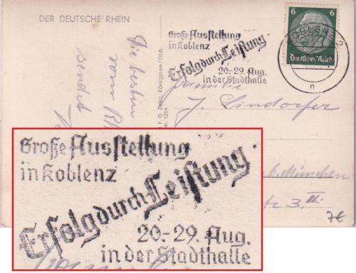 DR - Koblenz 1937 "Erfolg durch Leistung" Masch.werbestpl. Karte n. Pasing
