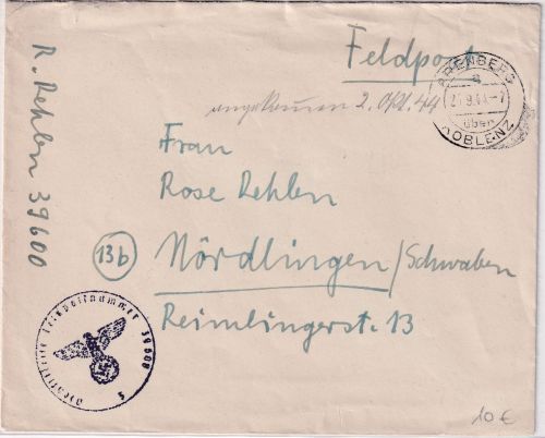 DR - Arensberg ü. Koblenz Poststelle I Feldpostbrief Fp.Nr. 39600 n. Nördlingen
