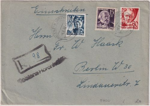 FZ/Rheinl-Pf. - 60 Pfg. u.a. Einschreibebrief Koblenz-Horchheim - Berlin 1948