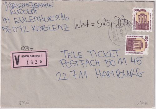 BRD - 2x500 Pfg. SWK Wertbrief Koblenz - Hamburg 1994