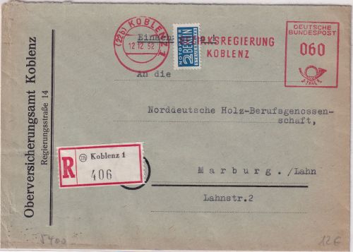 BRD - Koblenz 1952 60 Pfg. AFS "Bezirksregierung" Einschreibebrief n. Marburg