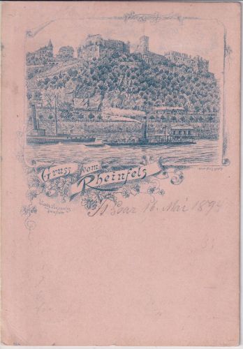 Rheinland-Pfalz - Rheinfels Burgruine Dampfer sw-Federlitho Vorläufer 1894