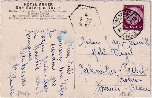 DR - 15 Pfg. Hindenburg Karte n. FRANKREICH Bad Salzig - Merkwiller 1936