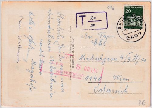 BRD - 20 Pfg. Brandenburger Tor Karte n. ÖSTERREICH St. Goar 1969 Nachportostpl.