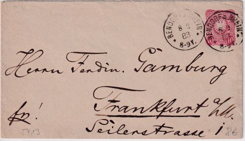 DR - 10 Pfg. Ganzsache/Brief K1 Bendorf a. Rhein - Frankfurt a/M, 1883