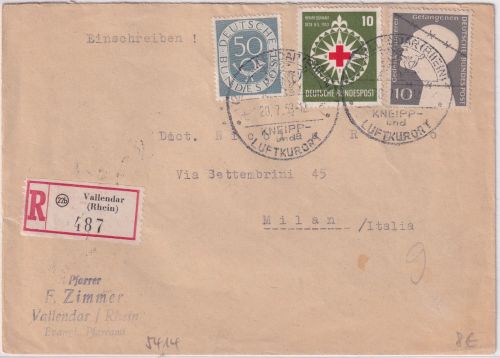 BRD - 10 Pfg. Dunant u.a. Einschreibebrief n. ITALIEN Vallendar - Mailand 1953