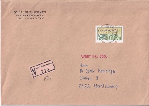 BRD - 650 Pfg. ATM Wertbrief/500 DM Vaterstetten - Marktoberdorf 1983