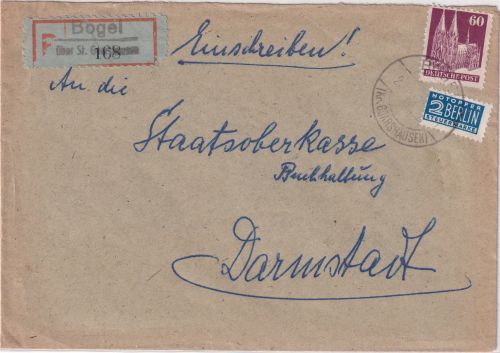Bizone - Bogel ü. St. Goarhausen Poststelle I Einschreibebrief n. Darmstadt 1950