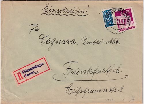 Bizone - Katzenelnbogen (Taunus) Einschreibebrief n. FFM 1951