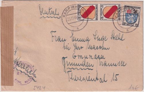 FZ/Allg. - 2x30+15 Pfg. Wappen Zensurbrief n. ÖSTERREICH Kamp - Gmunden 1948