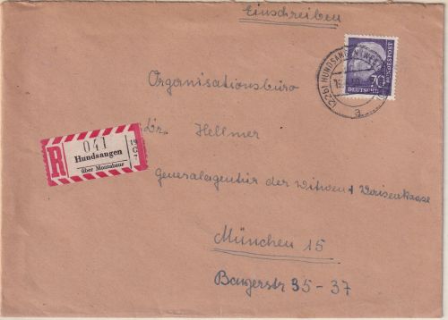 BRD - Hundsangen ü. Montabaur Poststelle I Einschreibebrief n. München 1959