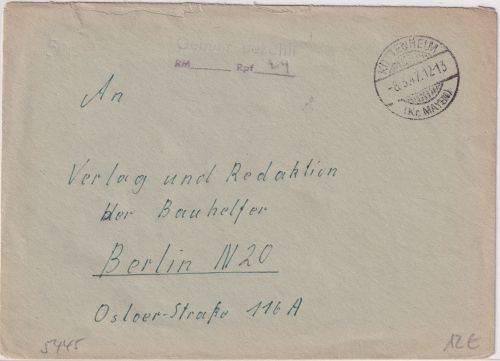 FZ - Kottenheim (Kr. Mayen) Gebühr bezahlt RM..Rpf..L2 Brief n. Berlin 8.3.47