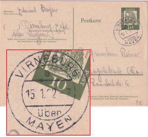 BRD - Virneburg ü. Mayen Poststelle I Ganzsache n. Ingolstadt 1962