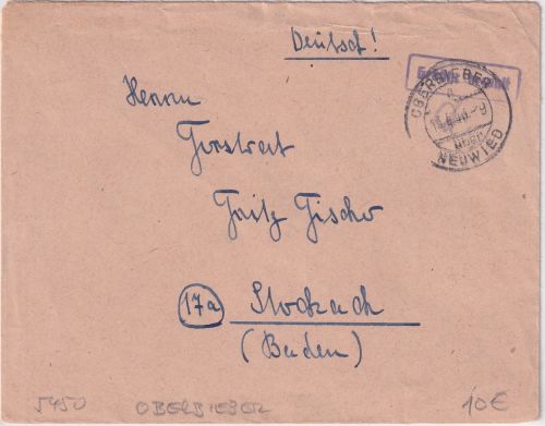 All.Bes./FZ - Oberbieber ü. Neuwied Poststelle I Gebühr bezahlt Ra1 Brief 1946
