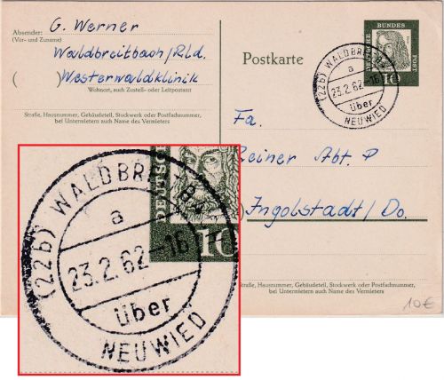 BRD - (22b) Waldbreitbach ü. Neuwied Poststelle I Ganzsache n. Ingolstadt 1962