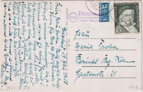 BRD - (22b) Ehlscheid ü. Neuwied Landpoststelle-L2 Karte n. Brühl 1955