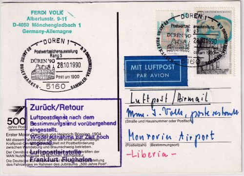 BRD /Postsperre - Düren 1990 SST DÜREN'90 Luftpostkarte n. LIBERIA - Bürgerkrieg