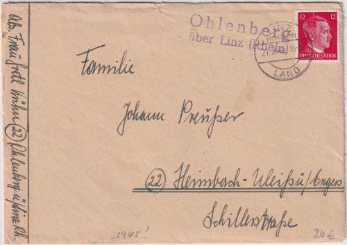 DR - Ohlenberg ü. Linz (Rhein) Landpost-L2 Brief n. Heimbach 24.2.45 Endphase !