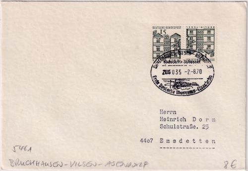 BRD - Bruchhausen Vilsen Asendorf Zug 035 Hist. Bahnpost Brief n. Emsdetten 1970