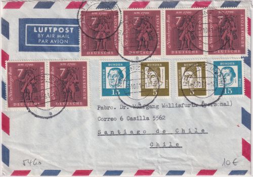 BRD - 6x7 Pfg. Nürnberger Bote u.a. Luftpostbrief n. CHILE Linz - Santiago 1961