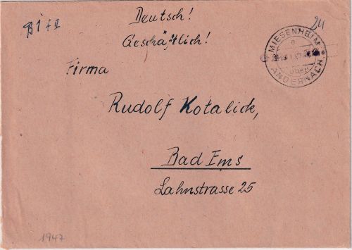 All.Bes./FZ - Miesenheim ü. Andernach Poststelle I Geb. Bez. SKS-L1 Brief 1947