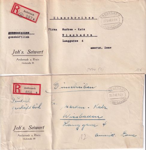 All.Bes./FZ - Andernach Gebühr bezahlt Ovalstpl. 2 Einschreibebriefe 1946
