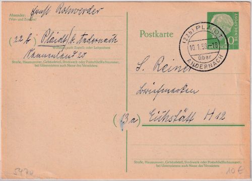 BRD - (22b) Plaidt ü. Andernach Poststelle I Ganzsache n. Eichstätt 1958