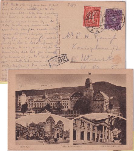 DR-Infla - 2 M. Posthorn u.a. AK (Bad Neueahr) n. HOLLAND Remagen - Utrecht 1922