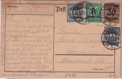 DR-Infla - 20 Tsd./25 M. u.a. Karte Ahrweiler - Aachen 7.9.23