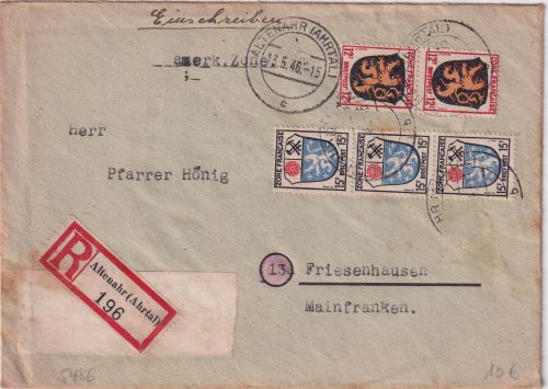 FZ/Allg. - 3x24+2x12 Pfg. Wappen Einschreibebrief Altenahr - Friesenhausen 1946