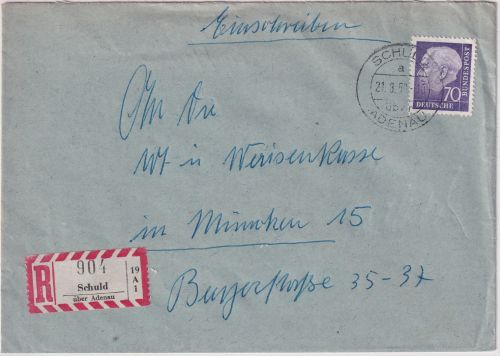 BRD - Schuld ü. Adenau Poststelle I Einschreibebrief n. München 1959