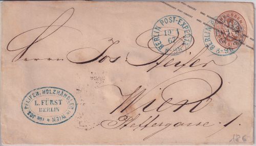 Preussen - 3 Sgr. Adler Ganzsache n. ÖSTERREICH K1 Berlin Post-Exped. 13 1867