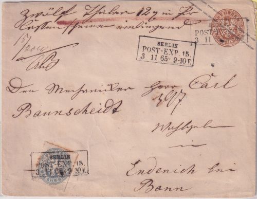 Preussen - 3 Sgr. Adler Ganzsache+Zusatz Wertbrief Ra3 Berlin Post-Exp. 15 1865