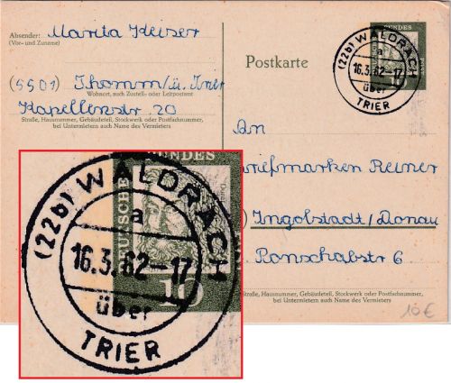 BRD - (22b) Waldrach ü. Trier Poststelle I Ganzsache n. Ingolstadt 1962