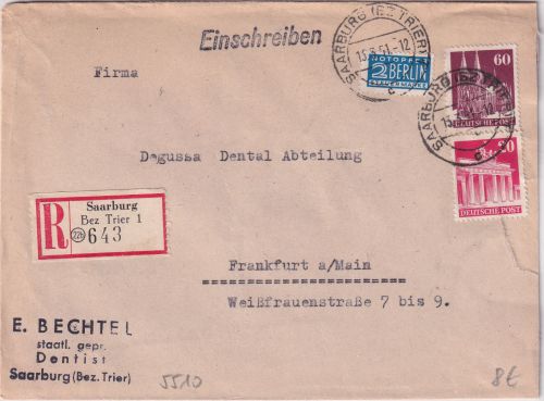 Bizone - 20+60 Pfg. Bauten Einschreibebrief Saarburg - Frankfurt a/M. 1951